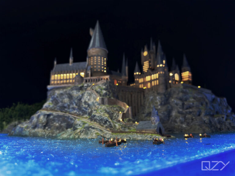 partial view of the hogwarts school model with lighting effect