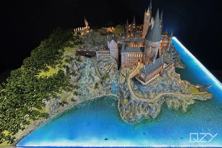 top view of the hogwarts school model with lighting effect